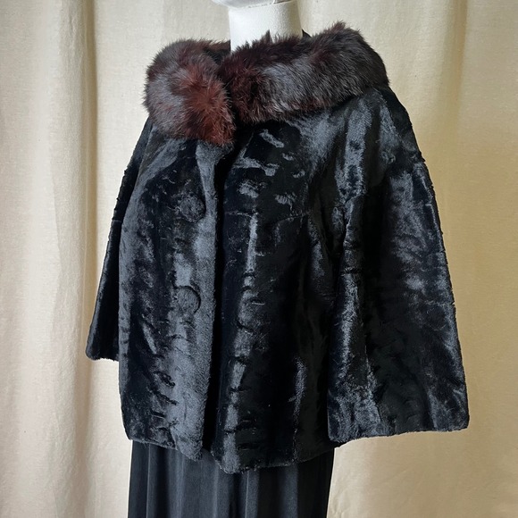 Vintage Jackets & Blazers - Vintage Sheared Fur Cape w/ Mink Collar Black Swing Evening Capelet M/L